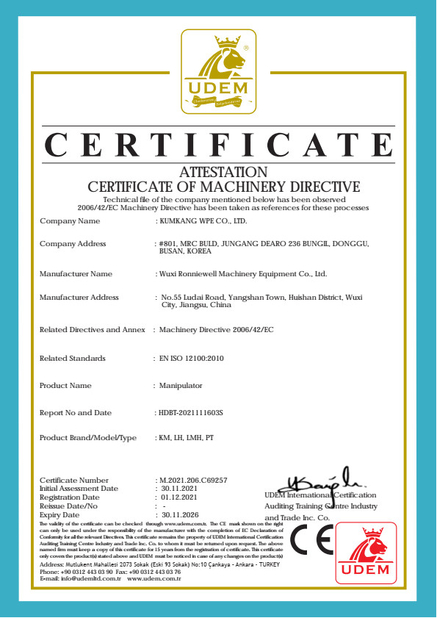 China WUXI RONNIEWELL MACHINERY EQUIPMENT CO.,LTD Certificaten